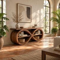 Tv stand shaped as a figure eight loop with open shelves in a bright living room with arched windows and plants