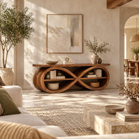 Tv stand shaped as a figure eight loop with open shelves in a bright open plan living room