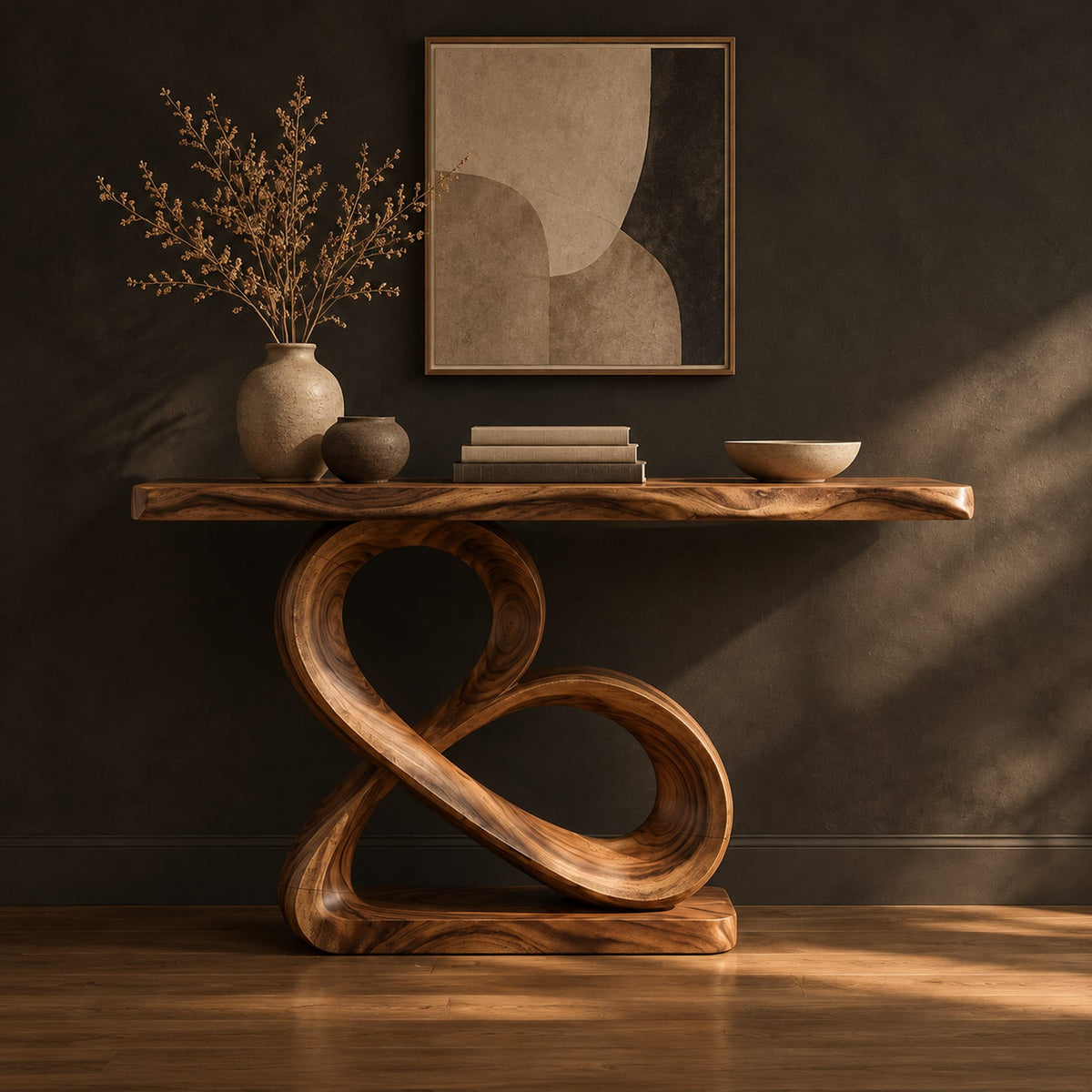 Console table with a figure eight wooden pedestal and a narrow natural edge top in a dark studio against a charcoal plaster wall