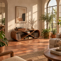 Low record console shaped like a figure eight with open bays at each end in a bright living room with arched windows and plants