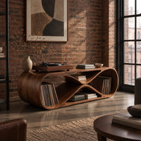 Low record console shaped like a figure eight with open bays at each end in an industrial loft living room with exposed brick