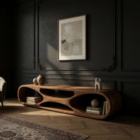 Low loop TV stand with carved figure eight openings, three-quarter view showing the grain