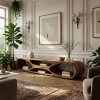 Low loop TV stand with carved figure eight openings in a sunlit room with large windows and plants