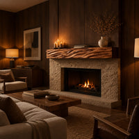Thick mantel beam with a carved wave pattern along the front in an evening living room with walnut wall paneling