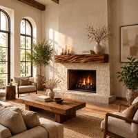 Thick mantel beam with a carved wave pattern along the front in a bright living room with arched windows and plants