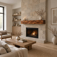 Thick mantel beam with a carved wave pattern along the front in a Scandinavian living room with white walls