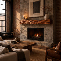 Thick mantel beam with a carved wave pattern along the front in an industrial loft living room with exposed brick