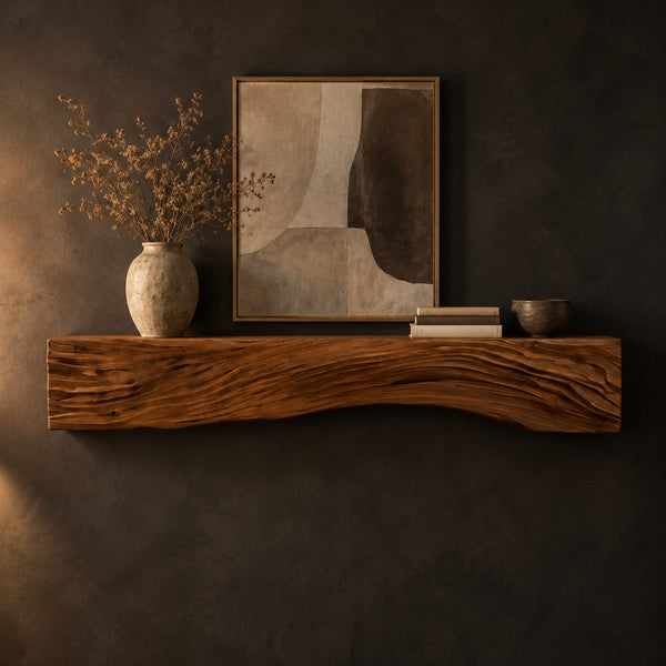 Fireplace Mantel With Carved Flowing Grain And Wavy Lower Edge