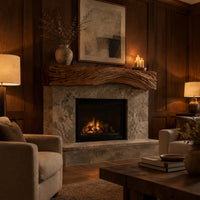 Fireplace mantel with carved flowing grain ridges and a wavy lower edge in an evening living room with walnut wall paneling