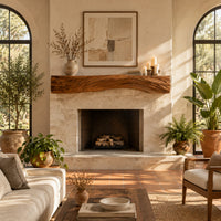 Fireplace mantel with carved flowing grain ridges and a wavy lower edge in a bright living room with arched windows and plants