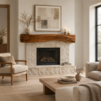 Fireplace mantel with carved flowing grain ridges and a wavy lower edge in a Scandinavian living room with white walls