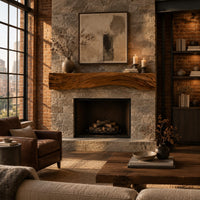 Fireplace mantel with carved flowing grain ridges and a wavy lower edge in an industrial loft living room with exposed brick