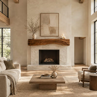 Fireplace mantel with carved flowing grain ridges and a wavy lower edge in a bright open plan living room