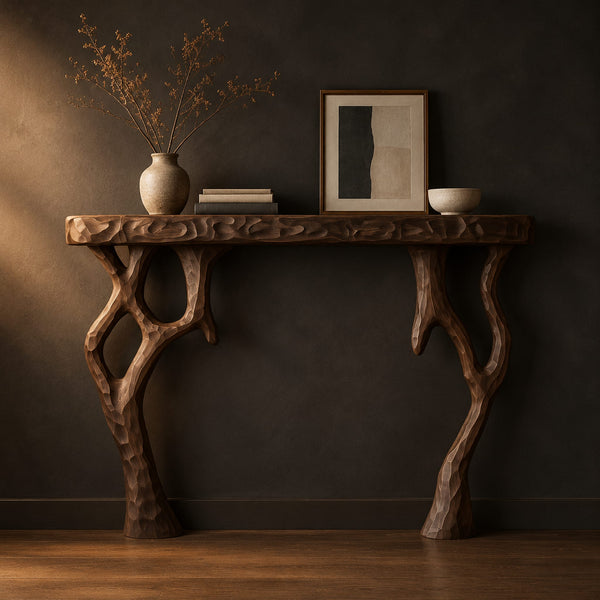 Fireplace Mantel With Carved Top Slab And Twisted Branch Legs