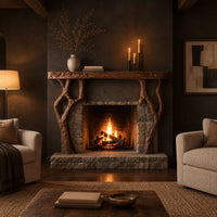 Fireplace mantel with a carved top slab and twisted branch shaped legs in a dark living room at golden hour