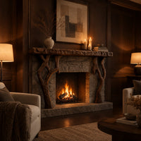 Fireplace mantel with a carved top slab and twisted branch shaped legs in an evening living room with walnut wall paneling