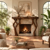 Fireplace mantel with a carved top slab and twisted branch shaped legs in a bright living room with arched windows and plants