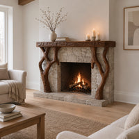 Fireplace mantel with a carved top slab and twisted branch shaped legs in a Scandinavian living room with white walls