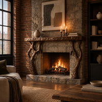 Fireplace mantel with a carved top slab and twisted branch shaped legs in an industrial loft living room with exposed brick