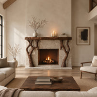 Fireplace mantel with a carved top slab and twisted branch shaped legs in a bright open plan living room