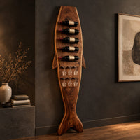 Tall fish shaped wine rack with angled bottle slots and stemware slots, three-quarter view showing the grain