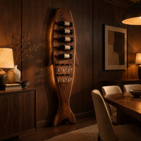 Tall fish shaped wine rack with angled bottle slots and stemware slots in an evening dining room with walnut wall paneling