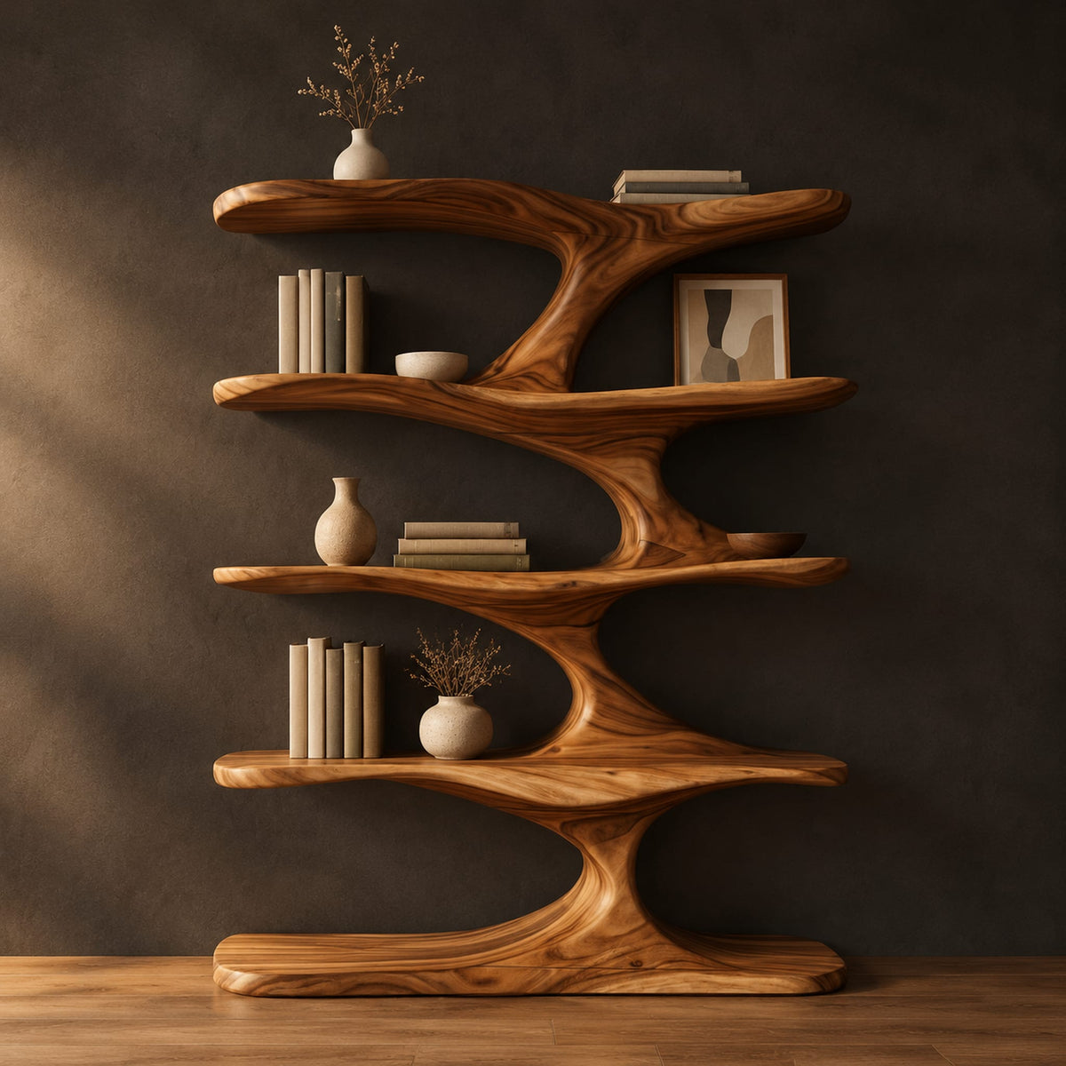 Tall open bookshelf with wavy wooden shelves joined by curving stems in a dark studio against a charcoal plaster wall