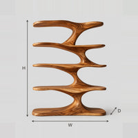 Five Tier Bookshelf With Wavy Shelves On Curving Stems dimension diagram with width, height and depth