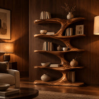 Tall open bookshelf with wavy wooden shelves joined by curving stems in an evening living room with walnut wall paneling