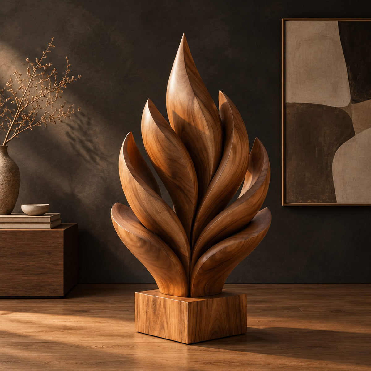 Flame shaped sculpture of layered carved leaves on a square wooden base in a dark studio against a charcoal plaster wall
