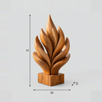 Flame Leaf Sculpture With Layered Petals On Square Wood Base dimension diagram with width, height and depth