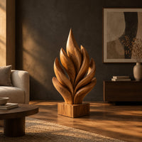 Flame shaped sculpture of layered carved leaves on a square wooden base in a dark living room at golden hour