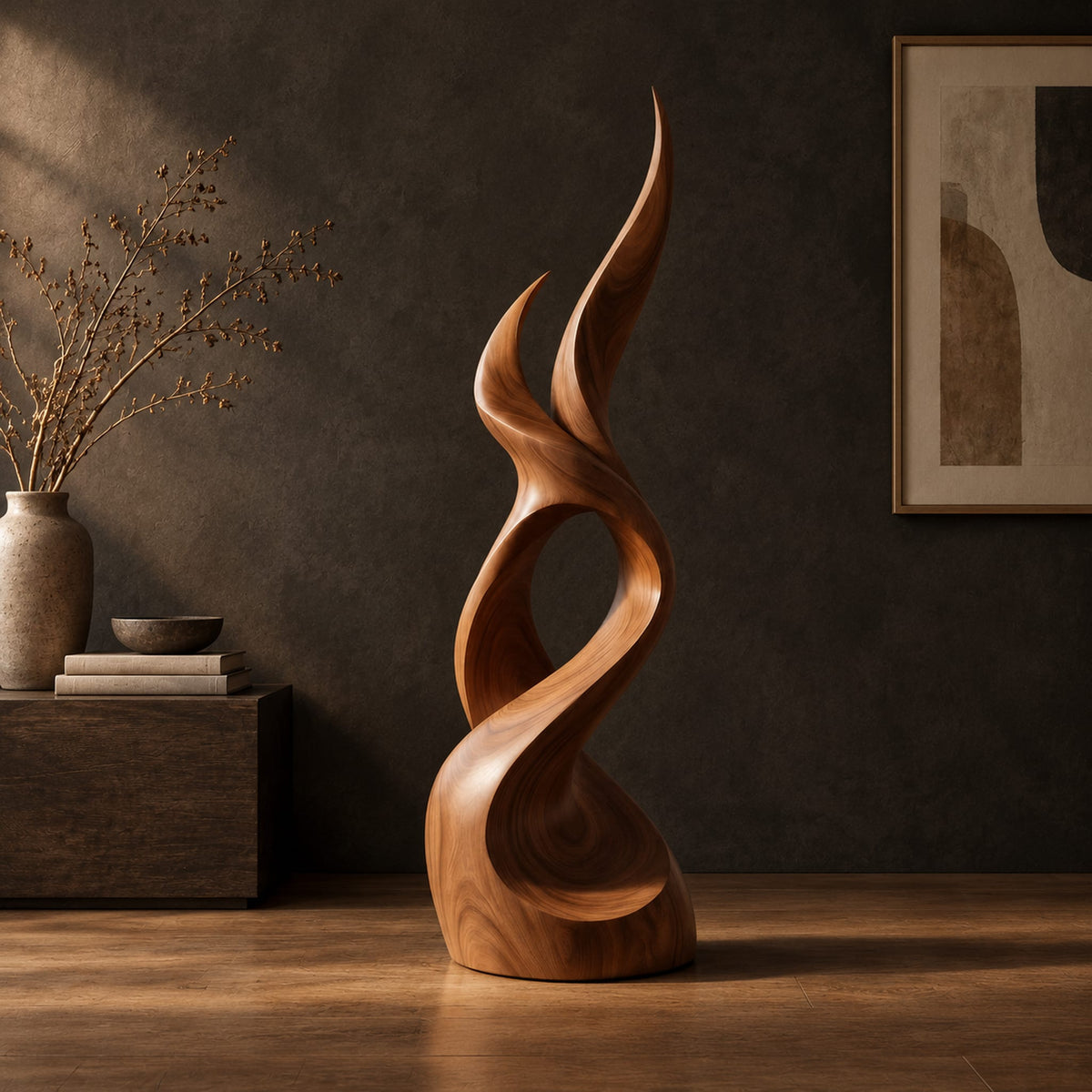 Flame shaped wood sculpture with two pointed tips and a swirling base in a dark studio against a charcoal plaster wall
