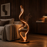 Flame shaped floor lamp with a glowing edge and a small shelf in an evening living room with walnut wall paneling