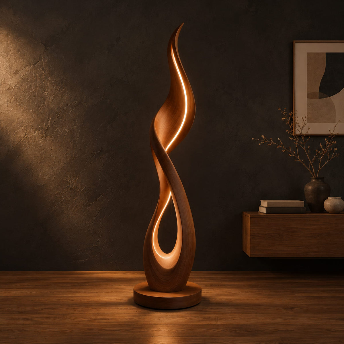 Flame shaped floor lamp with a glowing teardrop opening on a disc base in a dark studio against a charcoal plaster wall