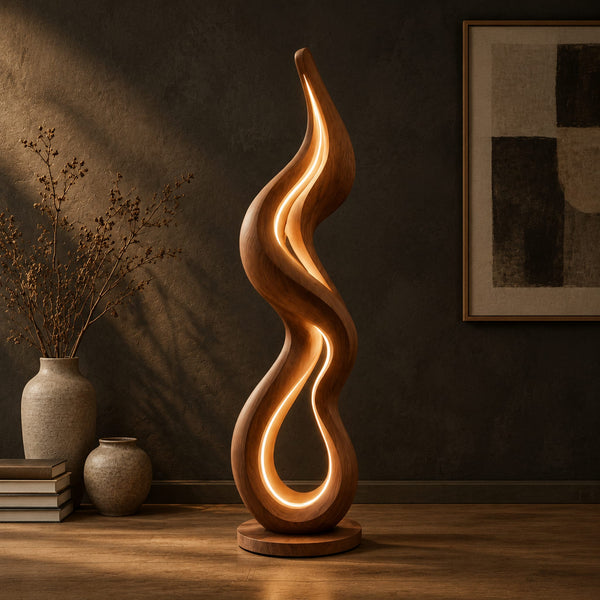 Flame Shaped Floor Lamp With Glowing Loop On Disc Base
