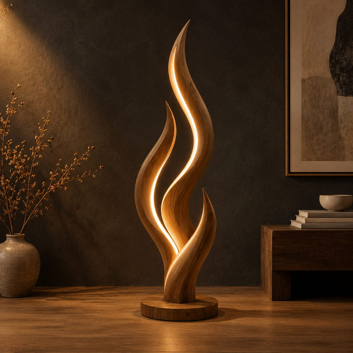 Flame shaped floor lamp with layered tongues and a glowing seam in a dark studio against a charcoal plaster wall
