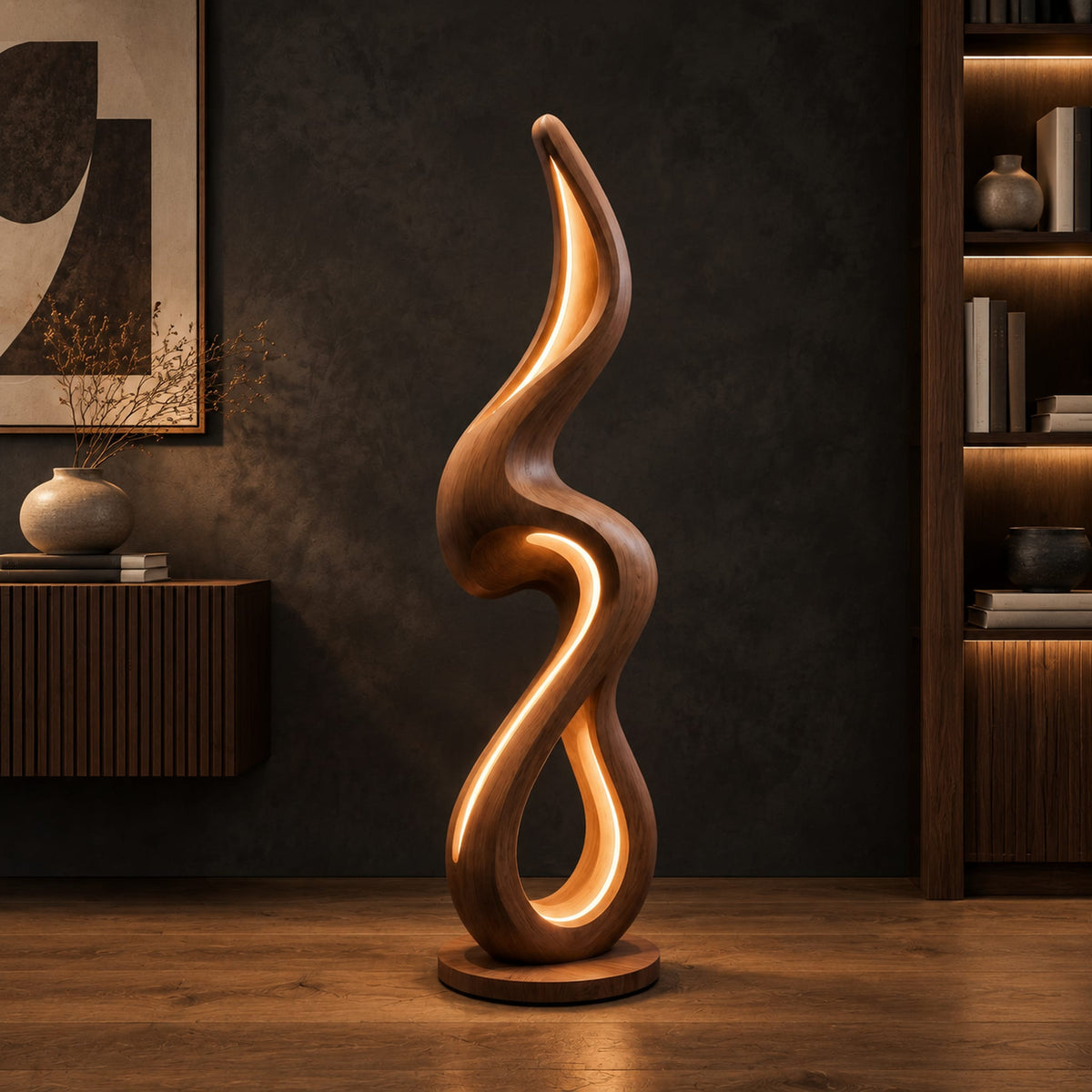 Flame shaped floor lamp with a looping wooden ribbon and glowing inner edge in a dark studio against a charcoal plaster wall