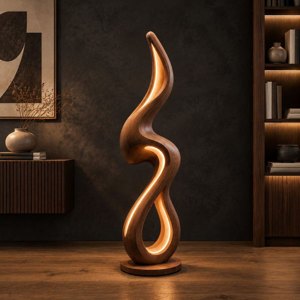 Flame Shaped Floor Lamp With Looping Wooden Ribbon And Warm Glow