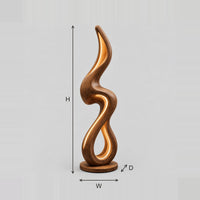 Flame Shaped Floor Lamp With Looping Wooden Ribbon And Warm Glow dimension diagram with width, height and depth