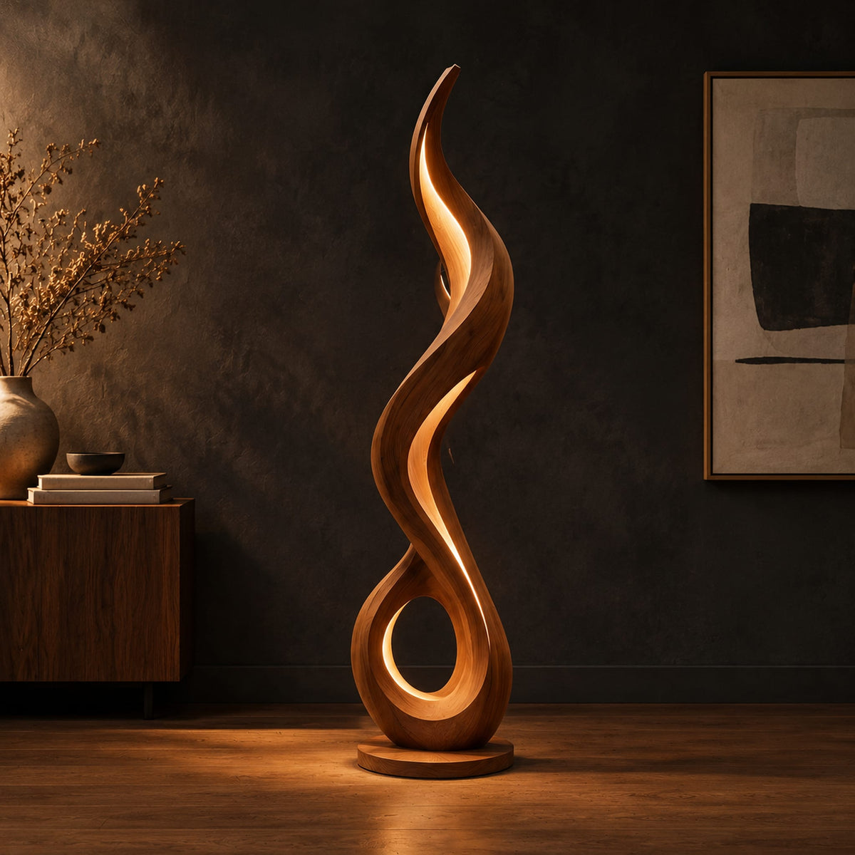 Flame shaped floor lamp with an open loop base and inner glow in a dark studio against a charcoal plaster wall