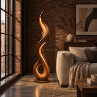 Flame shaped floor lamp with an open loop base and inner glow in an industrial loft living room with exposed brick