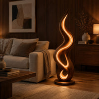 Flame shaped wooden lamp with open loops and a glowing edge line in an evening living room with walnut wall paneling