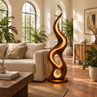 Flame shaped wooden lamp with open loops and a glowing edge line in a bright living room with arched windows and plants