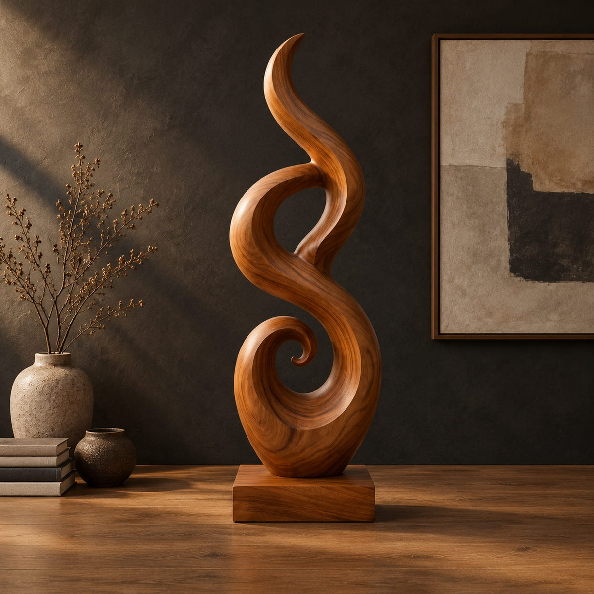 Flowing flame sculpture with a spiral scroll at its foot and a block base in a dark studio against a charcoal plaster wall