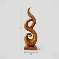 Flame Shaped Spiral Sculpture With Smooth Scroll, Block Base dimension diagram with width, height and depth
