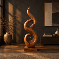 Flowing flame sculpture with a spiral scroll at its foot and a block base in a dark living room at golden hour