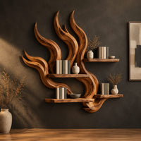 Flame shaped wine rack with tall carved tongues and staggered plank shelves in a dark studio against a charcoal plaster wall