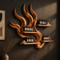 Flame shaped wine rack with tall carved tongues and staggered plank shelves, three-quarter view showing the grain
