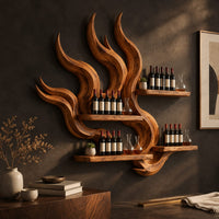 Corner detail of flame shaped wine rack with tall carved tongues and staggered plank shelves beside wood, brass and linen samples